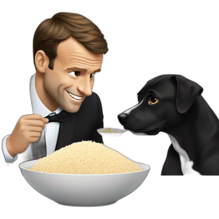 Dog eating a bowl of rice next to Emmanuel Macron emoji