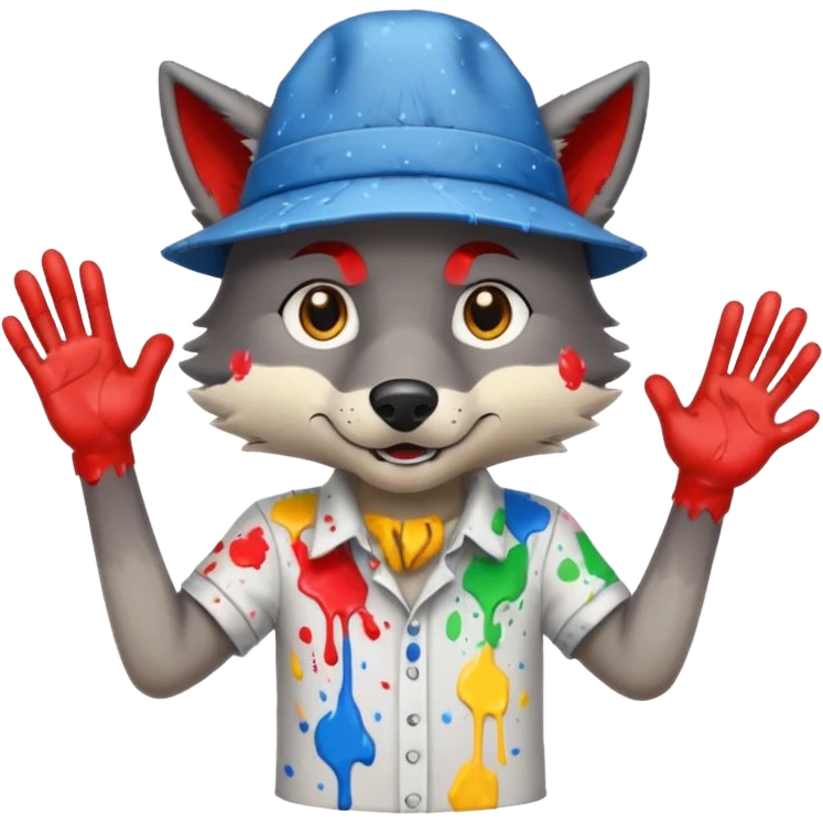 Wolf cartoon shaking hand wering hat and paint shirt children version  emoji