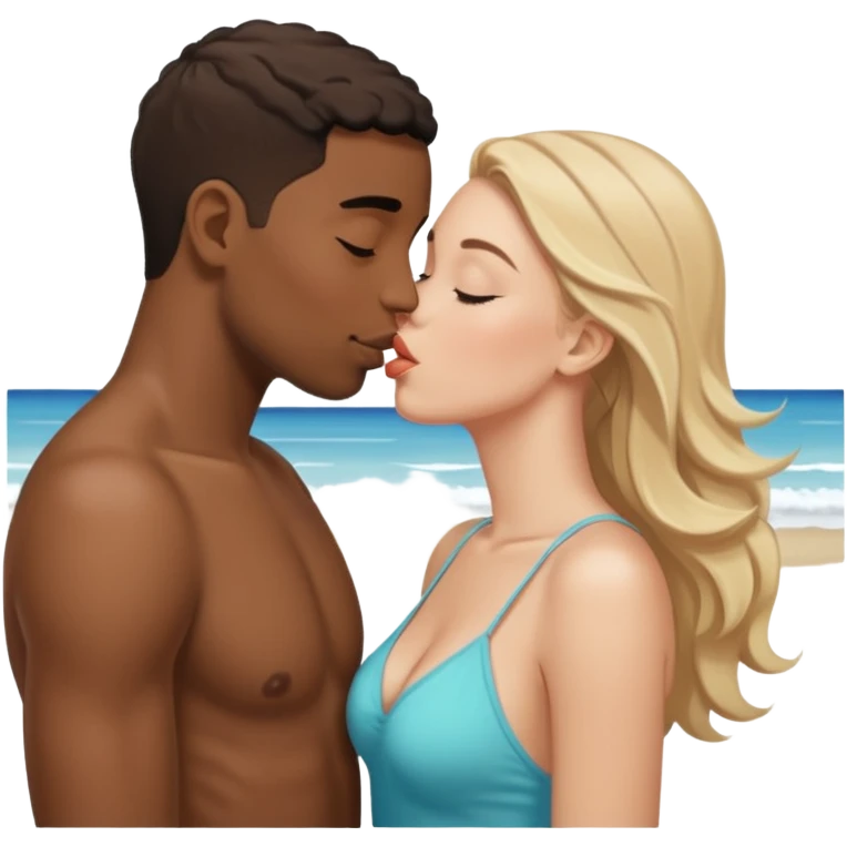at the beach young Black man and white woman kiss love emoji