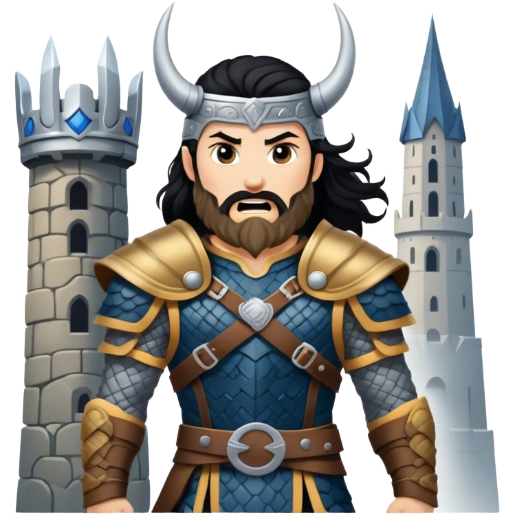 vikingo con armadura de Asgard, pelo negro ondulado, de pie, grito de guerra en torre de Asgard. emoji