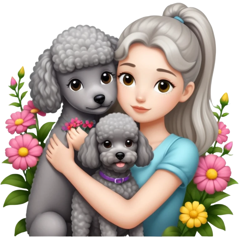 A beautiful girl with a high ponytail hugs a gray poodle among the flowers emoji