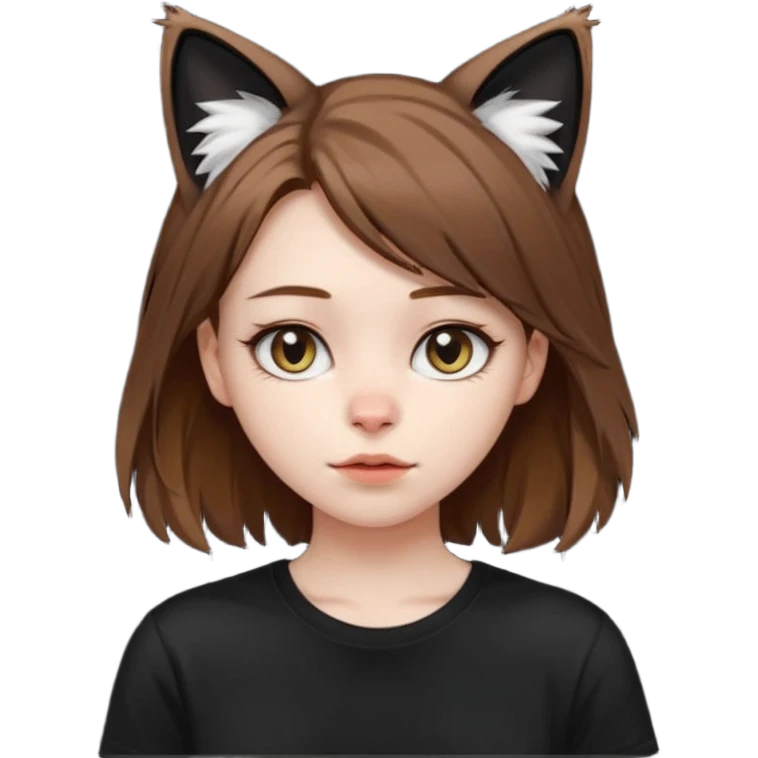 a girl with pale skin, shoulder lengh brown hair with lots of dandruff , cat ears and a tail, with a black t-shirt on emoji