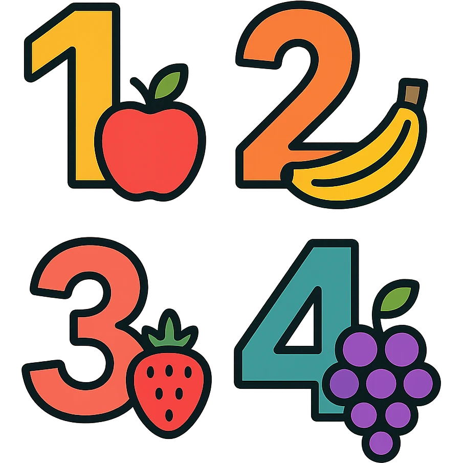 color outline icon style numbers with fruit details, clean lines emoji