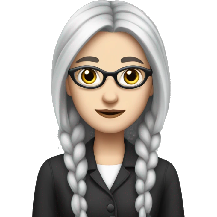 Attractive Caucasian woman with long straight grey hair worn in a braid, she has brown eyes, and is wearing wire frame glasses, looks goth emoji