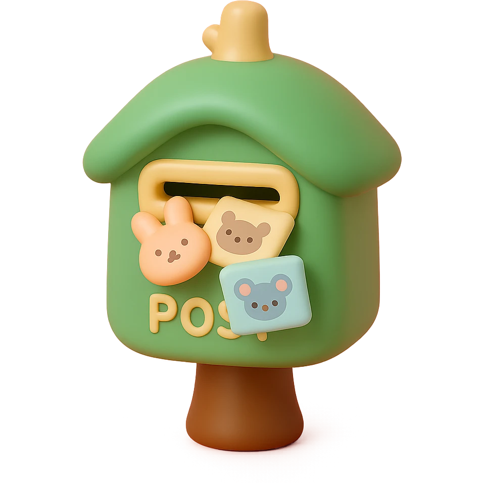 forest mailbox with tiny animal letters, cozy woodland theme, vinyl figure style, smooth and stylized emoji