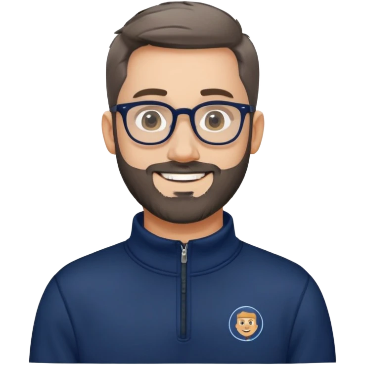 Fair-skinned broader man with oval face, very tight haircut (almost shaved on top, faded sides), short salt and pepper beard, big black-rimmed glasses, friendly smile, navy blue quarter-zip sweatshirt with long sleeves emoji