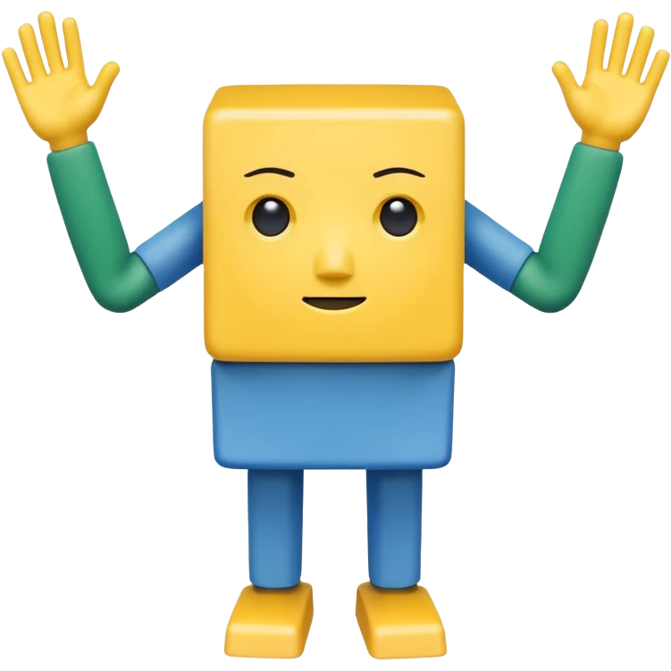 A yellow cube Head and rectangular arms BLUE cube troco Green rectangular legs emoji
