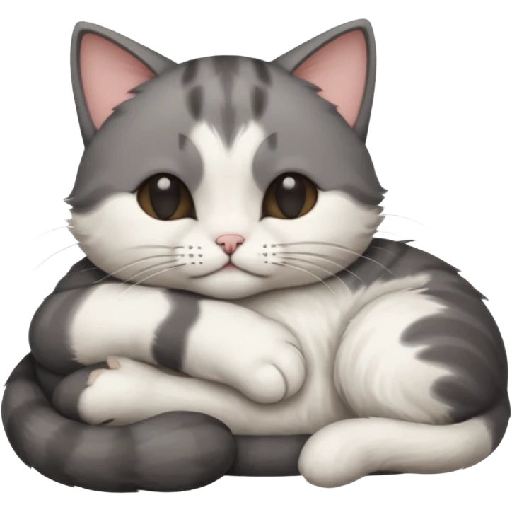 dark grey and white small cat with its eyes closed lying down leaning on its elbow with its paw curled under its head holding it up emoji