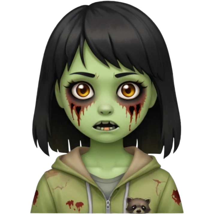 Girl with black hair and raccoon blonde streaks, bangs, light skin, zombie version, pale green skin, emoji style. emoji