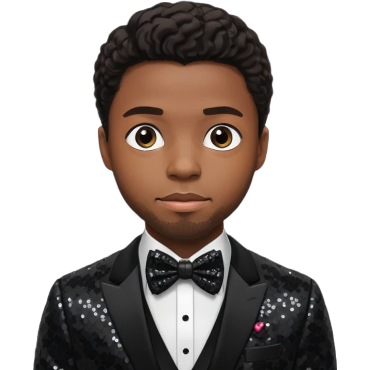  Chadwick Boseman with dark brown hair, black sequin suit with bow tie emoji