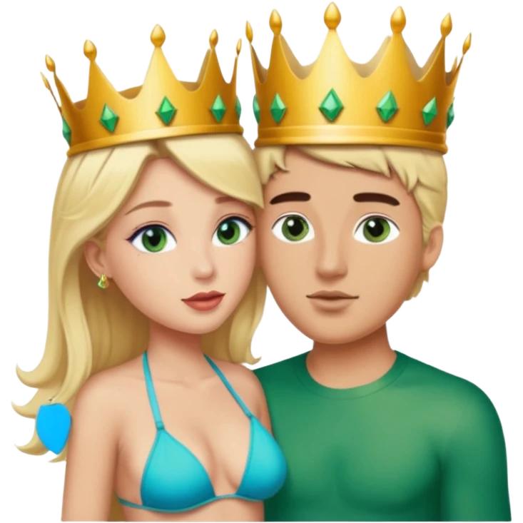 Blonde Queen Green eyes with crown in Bikini kissing Male subject without crown dark Hair blue eyes emoji