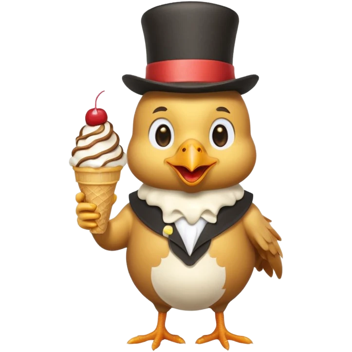 cartoon chicken with overalls, a top hat, and an ice cream sundae emoji