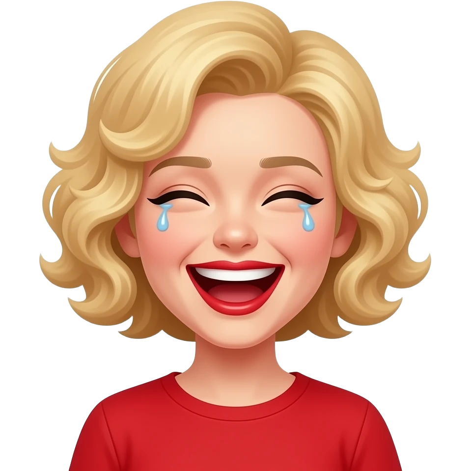 short blonde curly hair side swept bob laughing hard with one tear drop on each side in a red shirt and red lipstickd shirt emoji