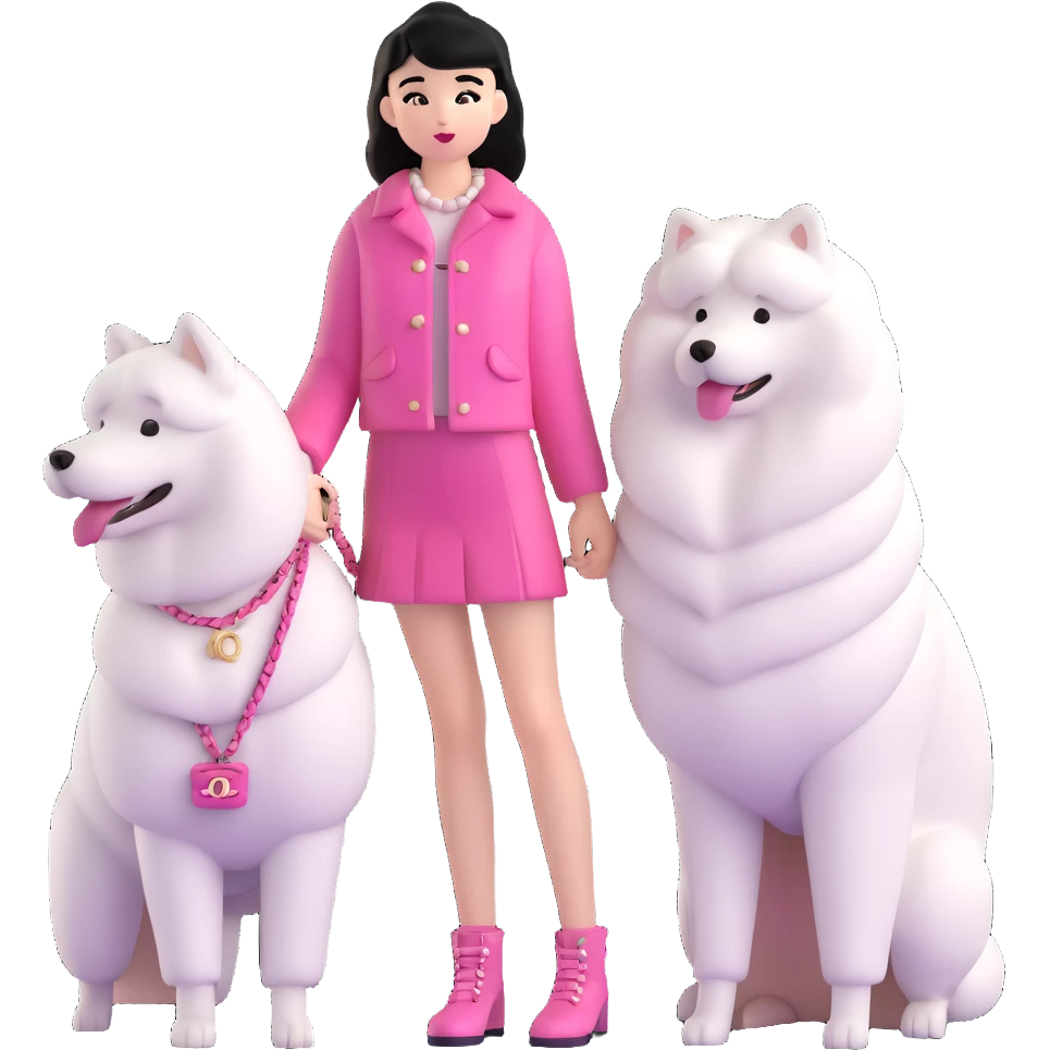 black-haired girl in pink Chanel style outfit with white Samoyed dog emoji