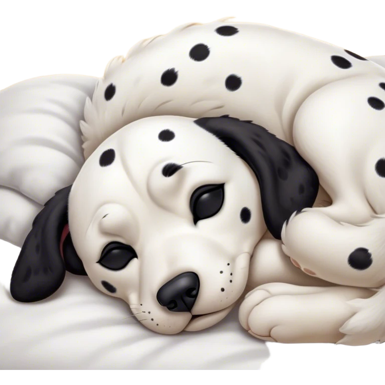 Meme-Worthy Cute Sleeping Spotted Dalmatian Portrait Emoji, Head resting peacefully with a contented smile, showcasing a delightfully majestic build and a luxuriously soft Fur of predominantly white with bold black patches, eyes shut in a serene nap, Simplified yet hilariously adorable features, highly detailed, glowing with a soft, drowsy light, high shine, relaxed and utterly lovable, stylized with an air of playful laziness, bright and heartwarming, soft glowing outline, capturing the essence of a comically sleepy guardian, so meme-worthy it feels like it could instantly become the next viral sensation of adorable slumber! emoji
