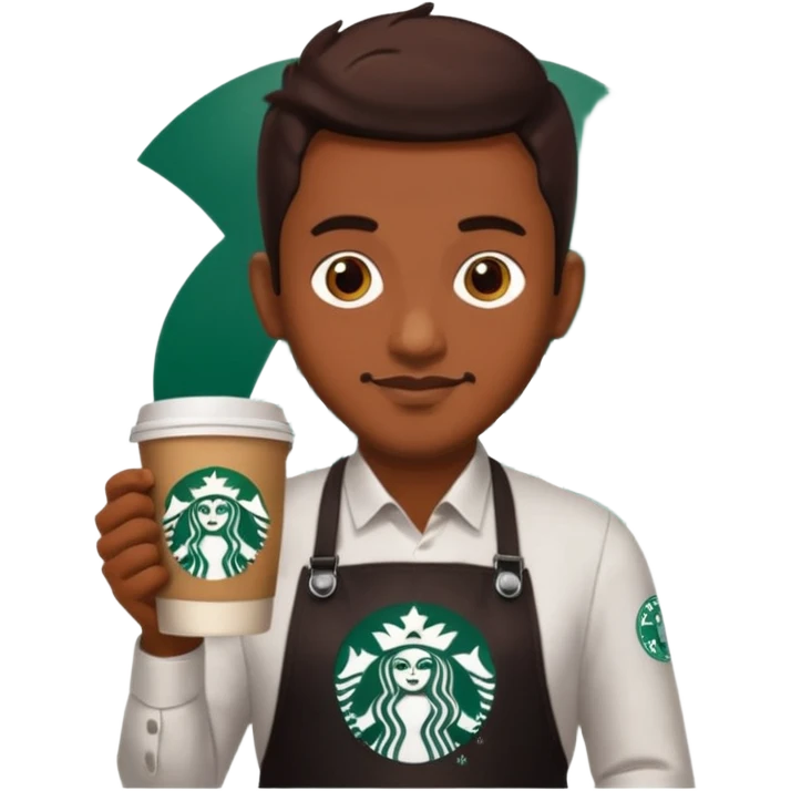 create a sticker of my male bangladeshi friend who is supervisor at starbucks plus coffemaster so black apron woth coffeemaster on it and starbucks logo emoji