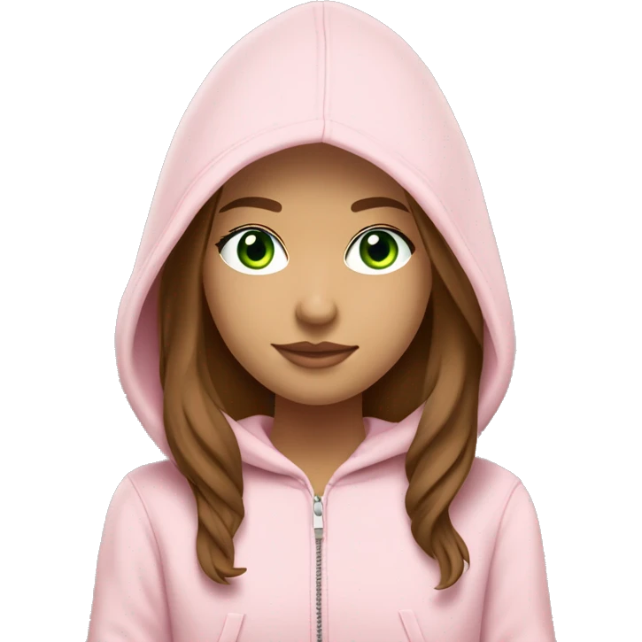 a girl with brown long hair, light beige skin, green eyes, is working relaxed at a modern laptop in a monochrome pale pink zip hoodie with a hood and a pink monochrome T-shirt emoji