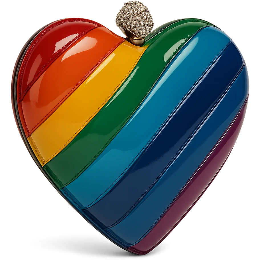 heart-shaped purse with rainbow stripes, inspired by Kurt Geiger, glossy finish, crystal-encrusted clasp, chic and luxurious emoji