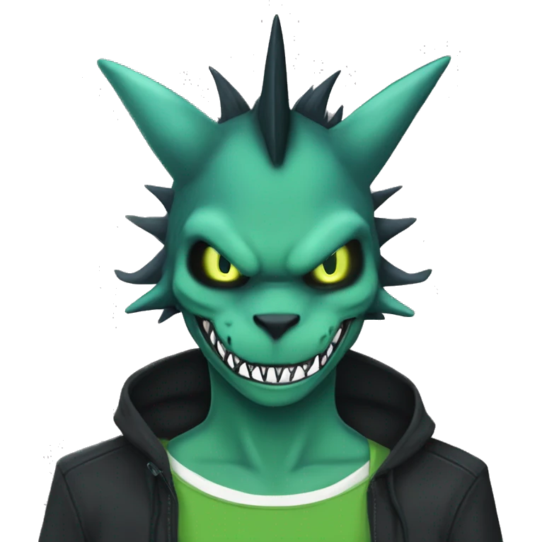 Digimon-Fakémon, horns, black body, green mane, anthro, furry, shark, black skull face, black skull mask, green stripes, tufted tail, full body, shark, creature, vernid, LiLaiRa, emoji
