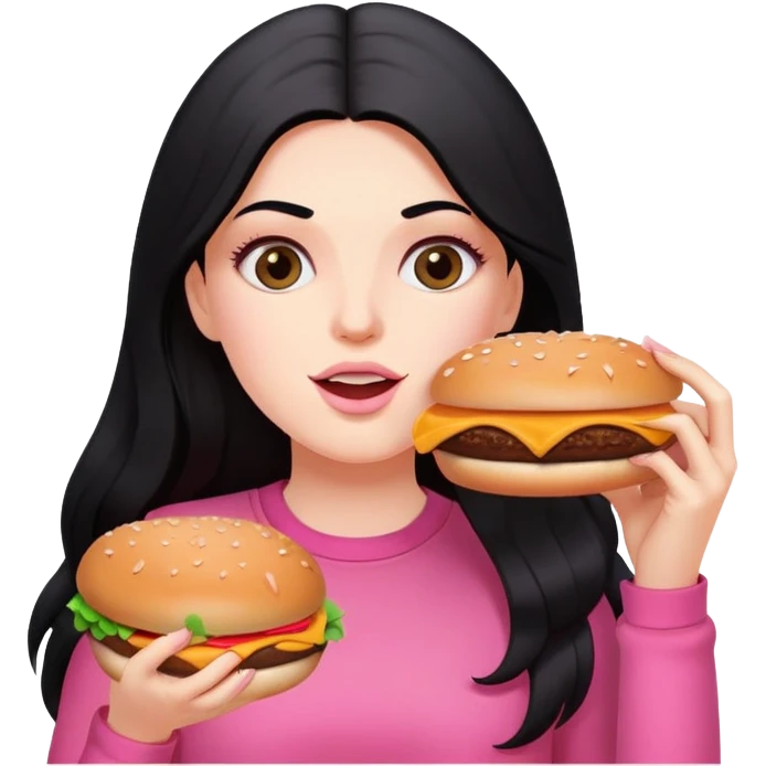 White girl in pink clothes and long black hair eating burger and pizza emoji