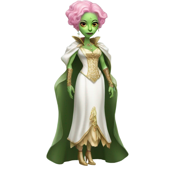 a green amazon alien woman in Victorian white gold, pink hair full body  emoji