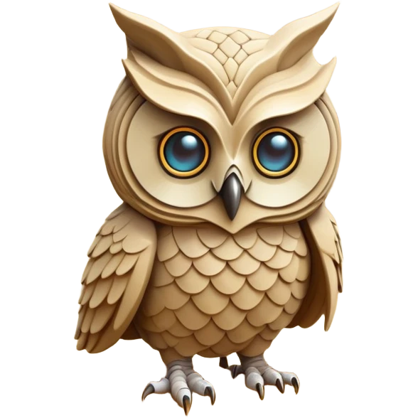 A guardian creature made of interlocking dunes that forms temporary bodies from compressed sand, adorned with gemstone eyes that change color to warn of approaching sandstorms or oasis locations. owl head, full body emoji