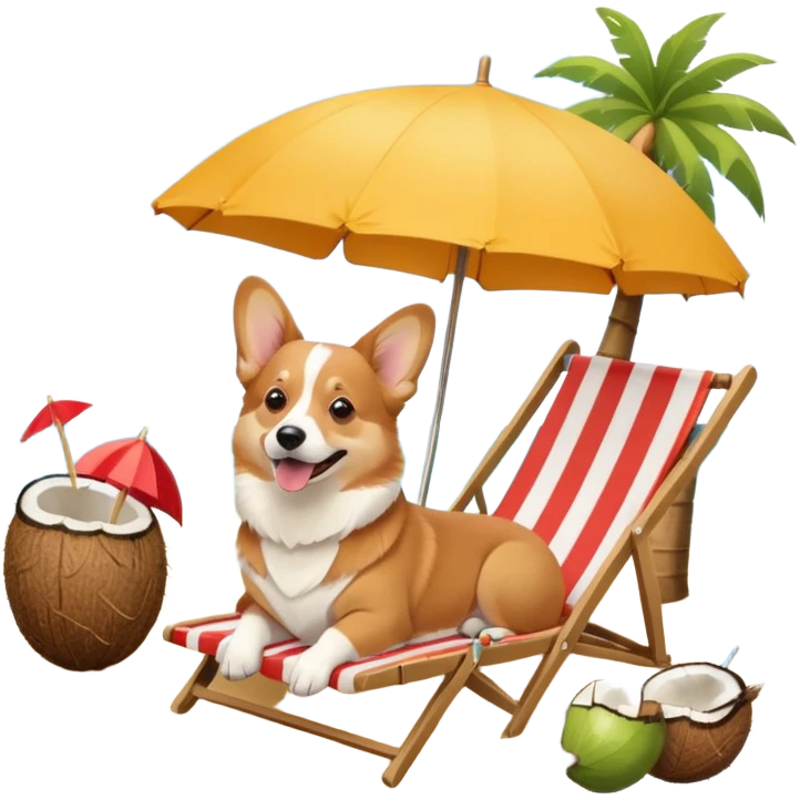 a corgi dog laied on a beach chair, a sunny beach, a sun umbrella, and beach coconut trees. the icon should capture the essence of a relaxing beach vacation with a carefree atmosphere emoji