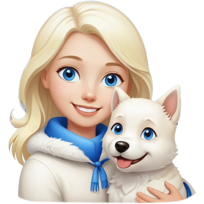 Blondie and blues eyes girl smiling with White dog in snow emoji