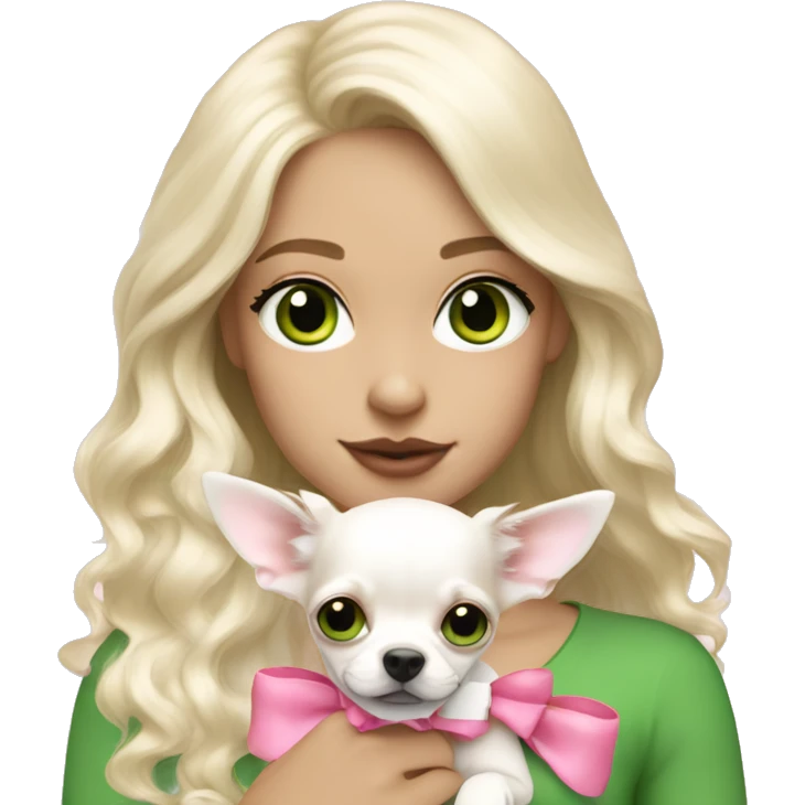 pale blond girl with wavy long platinum hair with green eyes holding a white chihuahua puppy that wearing a pink bow emoji