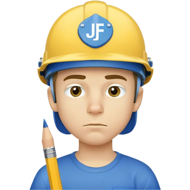 A boy with a blue helmet and a eye brow and a pencil in his nose and a yellow shirt with a word written jeffy  emoji