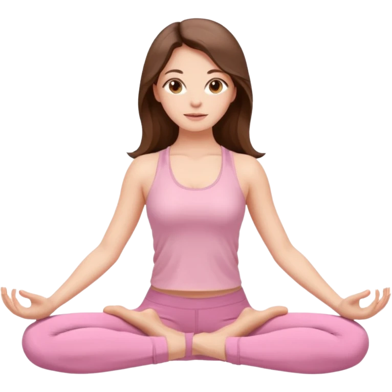 woman with long brunette hair light brown eyes in yoga pose light pink yoga clothes emoji