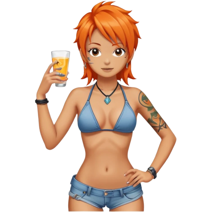 Nami with orange hair, wearing bikini top and jeans, with navigation tattoo emoji