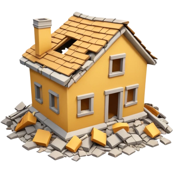 3D iPhone style emoji of a completely destroyed house, heavily damaged, collapsed into rubble, broken walls and roof scattered into debris, isolated on white background, soft shadows, high detail, playful and cute. emoji