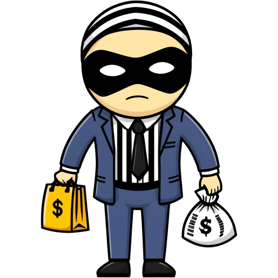 A thief with a bag of money on his back, wearing a striped suit and a black eye mask emoji