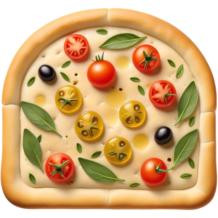 cinematic-realistic-focaccia-bread-dish-emoji,-depicted-as-a-golden,-olive-oil-brushed-flatbread-sprinkled-with-herbs-rendered-with-lifelike-texture-and-soft,-appetizing-lighting showing olives on top and the cherry tomatoes emoji