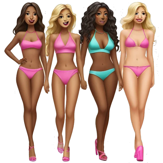 4 women friends in bikinis with pink heels and birkin bags and hot faces emoji