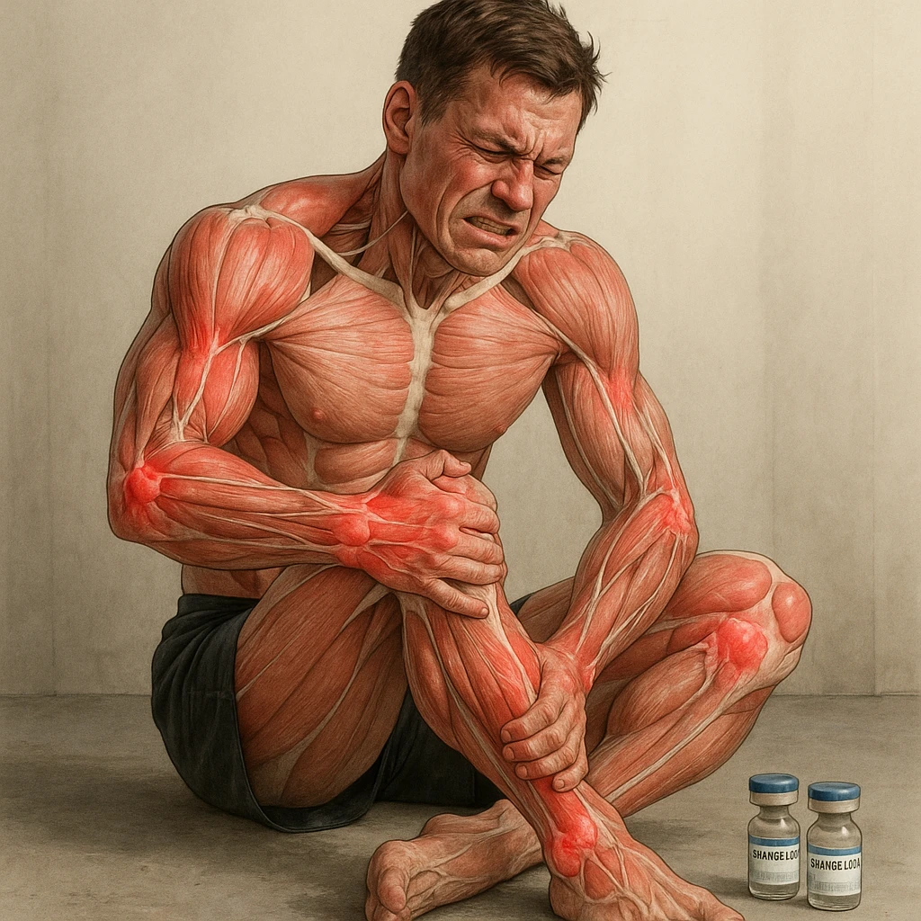realistic and anatomical crossfit athlete with widespread joint problems (shoulders, elbows, knees, wrists), visible muscles and joints, painful expression, vials labeled 'Stanozololo' nearby, natural light, neutral background emoji