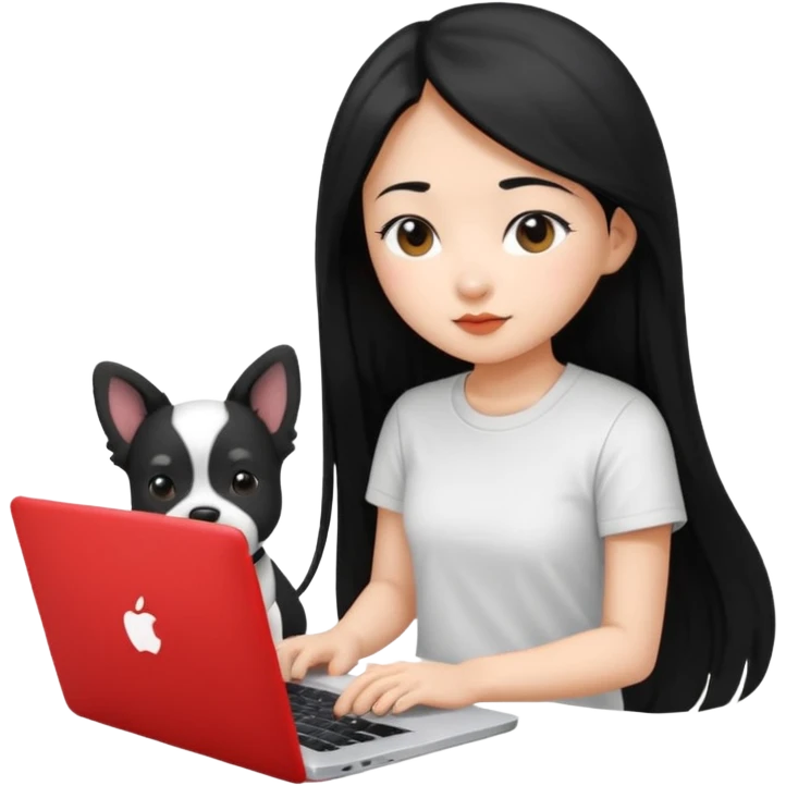 Blue back ground, Asian girl with long black hair , wearing a white t-shirt, working on an Apple laptop, next to her is a small black and white dog emoji