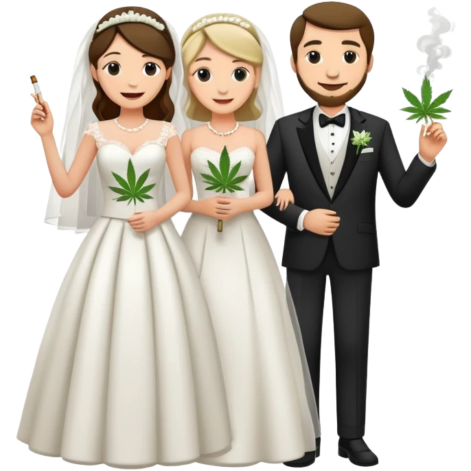 Wedding bride and groom, full body, smoking cannabis together, happy faces emoji
