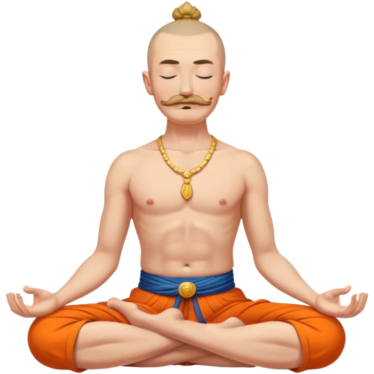 Cossack with bold head, long traditional mustache long lock of hair sprouting from the top or the front of an otherwise closely shaven head  meditating bare torso with closed eyes in lotus pose in orange sharovary emoji