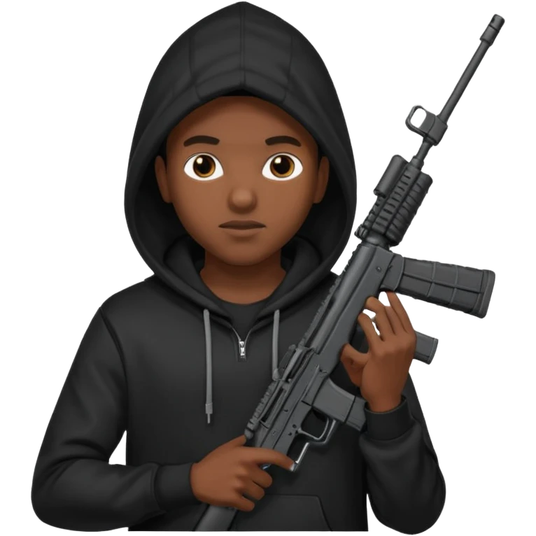 
Fais moi un jeune afro américain qui ressemble a un gangster qui tient une AR15 avec un hoodie a capuche, capuché emoji