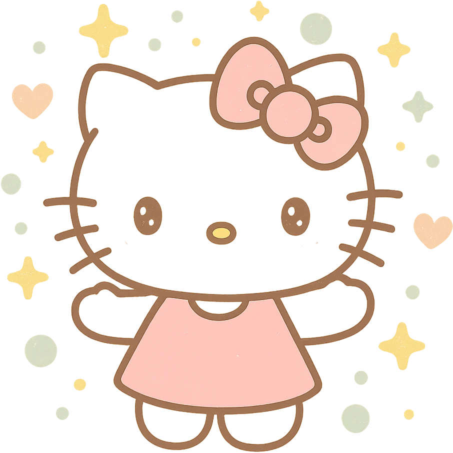 Hello Kitty, surrounded by floating glitter, shimmering and magical, classic style emoji