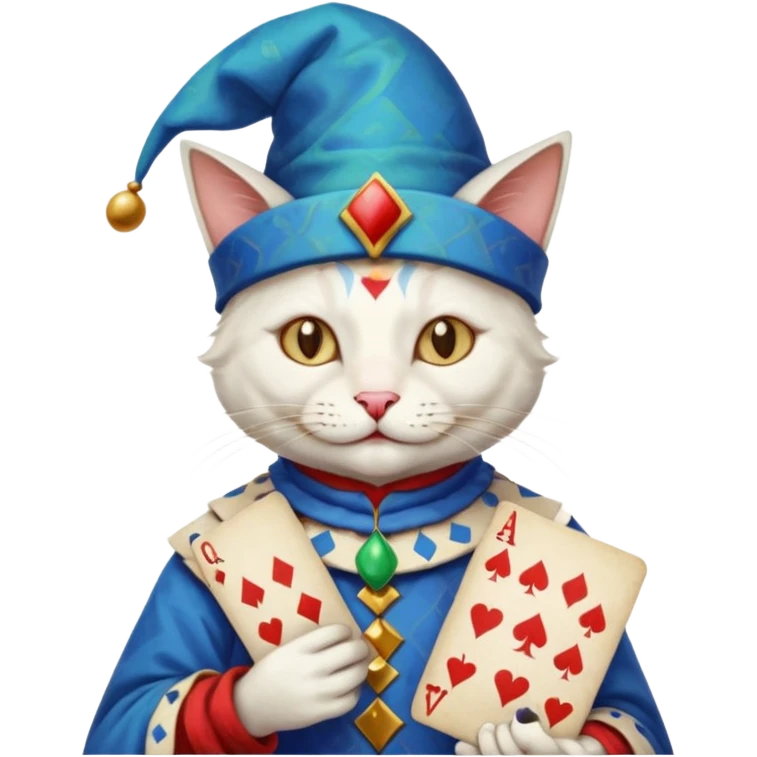 crazy colorful cute little cat jolly joker from poker, medieval, vintage, court jester, mac os icon, blue color, poker cards emoji
