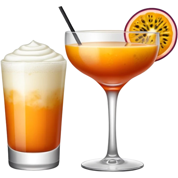 Dark orange cocktail with white froth and passion fruit garnish in a coupe cocktail glass emoji