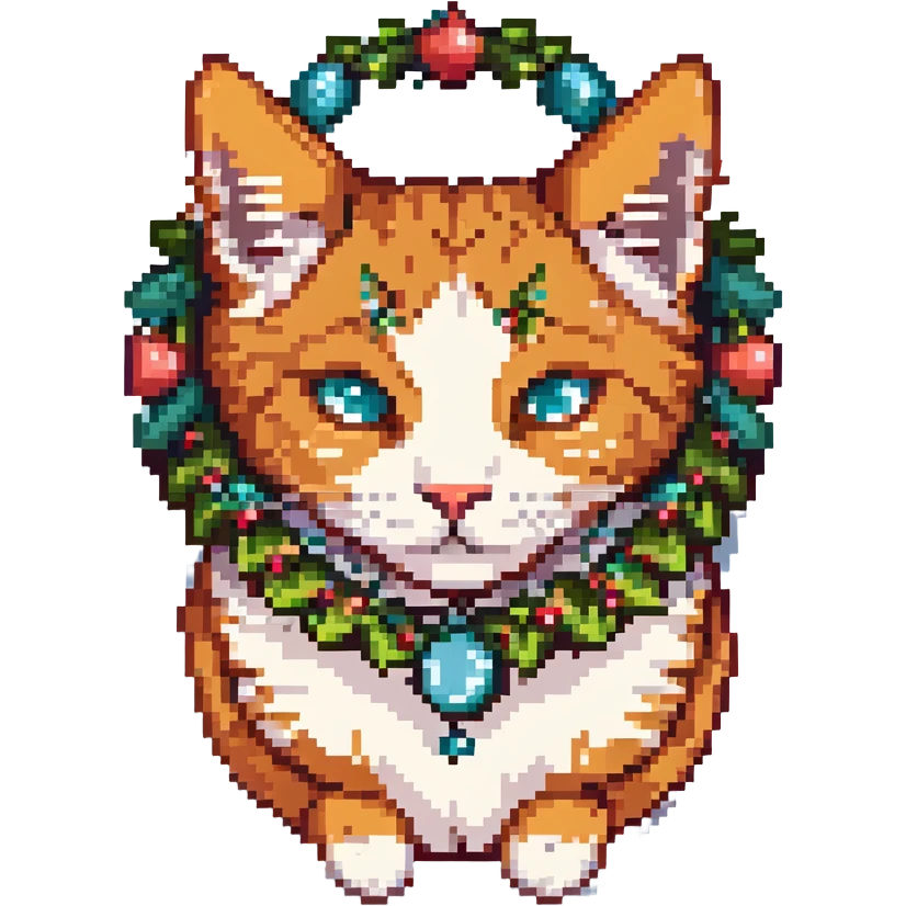 pixel art of a ginger cat with a garland around the head emoji