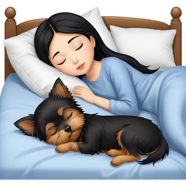 pretty asian girl with black hair sleeping in bed with yorkshire terrier emoji