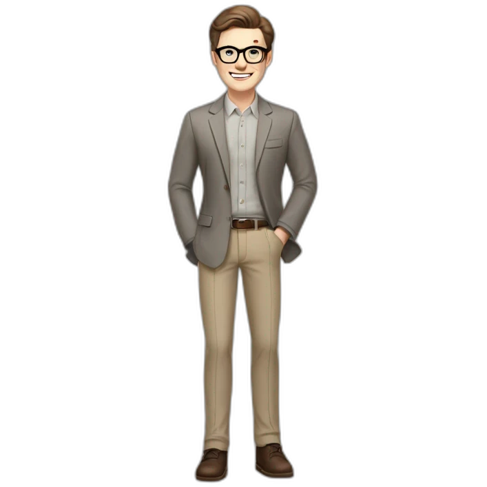 Joyful Full height Pale skinned Fit Man With dark brown hair in gray classic jacket, beige office shirt, Brown pants and vintage glasses. His thrumbs up emoji