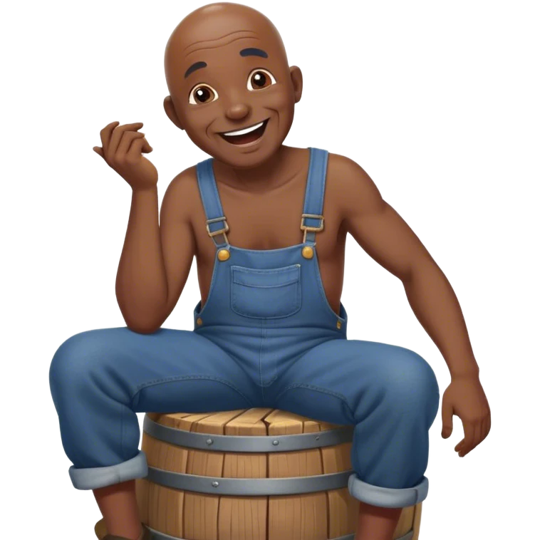 Side view Laughing telling story Old bald black man sitting on barrel wearing overalls no shirt emoji