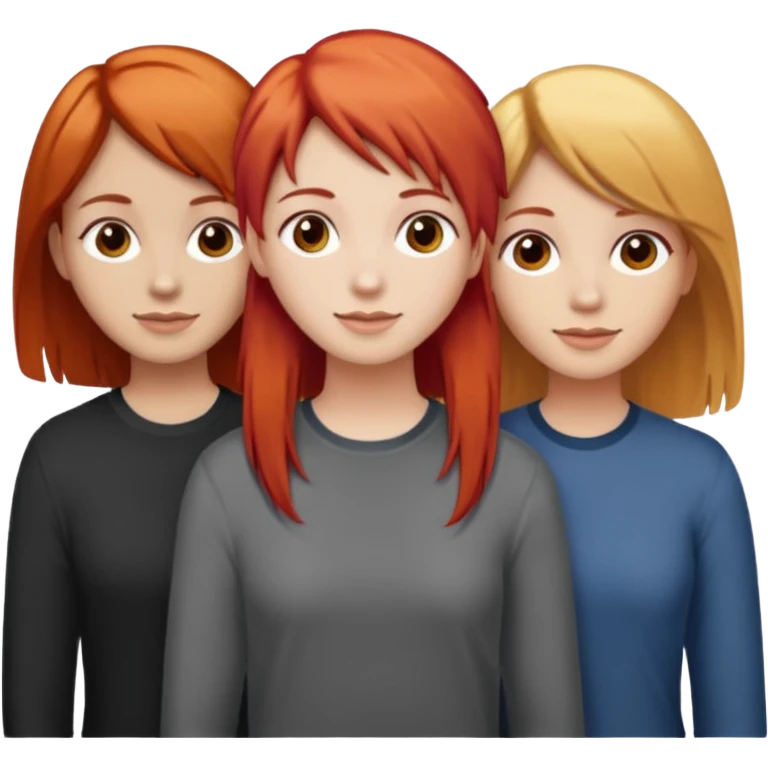 Can you create an image of 3 friends together one with red bright hair light skin one the other with brown hair with some blonde highlights in the hair fair skin the last one with light brown a tint of orange hair and Brown hair emoji