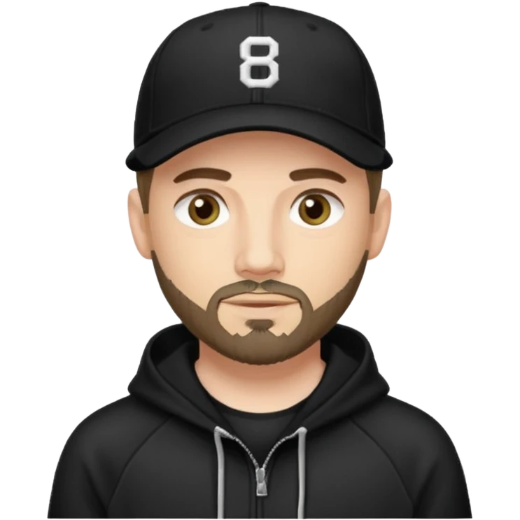 Hombre de ojos claros, con barba fina y perilla, gorra negra de baseball bordada con un 08, y sudadera negra emoji